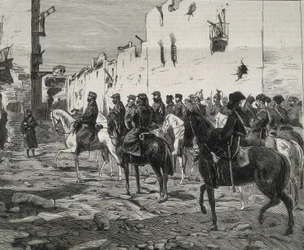 Espagne. La Première République (1873-1874). Canton de Carthagène. Le général José López Domínguez à Carthagène après la capitulation des cantonistes. Image publiée dans "La Ilustracion Española y Americana". Eau-forte.