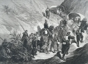 Espagne. Troisième guerre carliste. Prisonniers carlistes traversant les montagnes de l