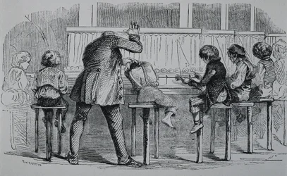 ROYAUME-UNI. ANGLETERRE. Révolution industrielle. Enfants utilisant des machines dans une usine textile. Gravure.