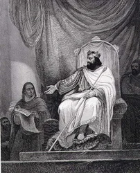 Charlemagne (742-814) émettant le capitulaire de Herstal en 779, gravé par Leclerc