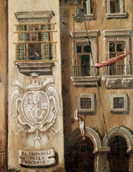Place du tribunal de la Vicaria à Naples au temps de la révolution de Masaniello, détail représentant un homme pendu devant l