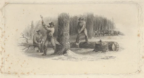 Vignette de billet de banque montrant des bûcherons abattant des arbres dans une forêt enneigée