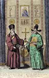 Portrait de Matteo Ricci (à gauche), jésuite italien et Paul Ly, grand propagateur de la foi chrétienne en Chine, gravure de « De China monumenta » par Athanasius Kircher (1601-1680), jésuite, orientaliste et érudit allemand