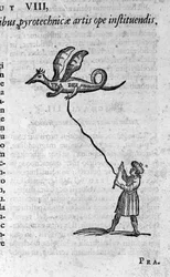Le philosophe grec Archytas de Tarente (435-347 av. J.-C.), philosophe pythagoricien, mathématicien, astronome et sa colombe en bois capable de voler. Gravure de "Mundus Subterraneus" par Athanasius Kircher (1601-1680) 1682