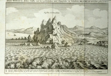 Vue des rochers de Charybde et Scylla dans le détroit de Messine, Sicile. Gravure de "Mundus Subterraneus" par Athanasius Kircher (1601-1680), jésuite, orientaliste et érudit 1682