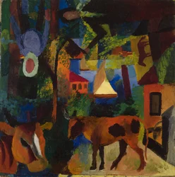 Paysage avec Vaches, Voilier et Figures Peintes