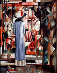 Grande vitrine illuminée. Une femme portant un long manteau et un chapeau regarde une vitrine. Peinture d