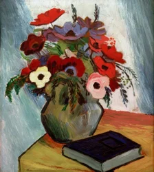 Nature morte avec anémones et livre bleu