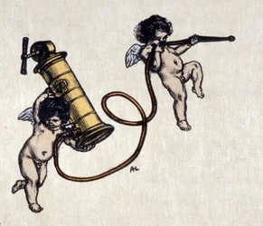 Les joies du clystère. Deux anges portant une pompe à lavement. Illustration d
