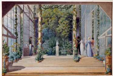 Une visite dans la serre chaude du château de Malmaison, 1823. Dimensions : 0,16 x 0,24 m. Malmaison, musée du Château