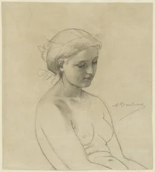 Femme nue assise, trois quarts vers la droite, à mi-corps