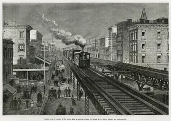 Double voie du chemin de fer aérien sur la septième avenue, New York, New York. Edouard de Laveleye, en 1878-1879, publié dans le Tour du monde, sous la direction d