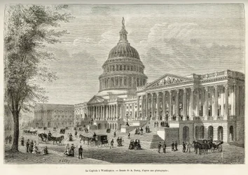 Le Capitole, siège de la législature, construit entre 1793 et 1830, à Washington (District de Columbia), la capitale des États-Unis. Gravure d