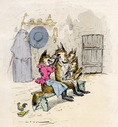 Illustration par A. Vimar pour le Roman de Renart (roman du renard), édition Henri Laurens XIXe siècle - Goupil et Hermeline le renard, sa femme, chez eux, avec leurs enfants les petits renards