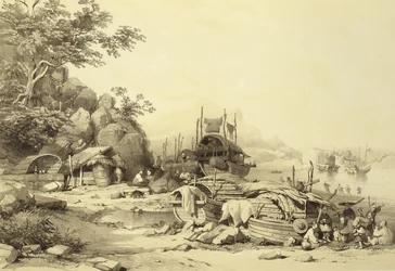 House Boats sur la baie de Cowloon, planche 6 de Sketches of China, gravé par Eugene Ciceri