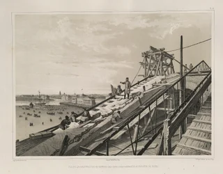 La construction de la corniche de : La construction de la cathédrale Saint-Isaac, 1845
