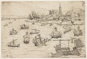 Jonas et la baleine sur un lac avec des voiliers, 1546