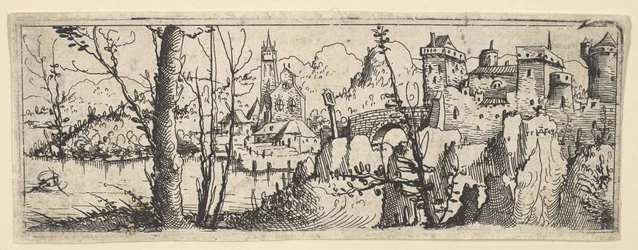 Paysage avec fort et une église sur une rivière, 1545