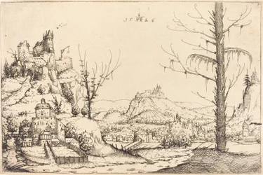 Paysage avec hautes falaises, rivière et ville