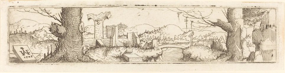 Paysage avec un ruisseau et des ruines, 1545