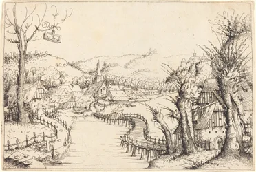 Paysage fluvial avec pont en bois