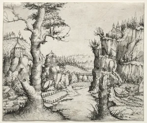 Paysage fluvial avec rochers à gauche et à droite