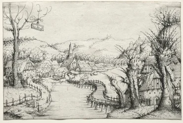Paysage fluvial avec trois saules dénudés à droite et un long pont en bois sinueux au centre menant à un village