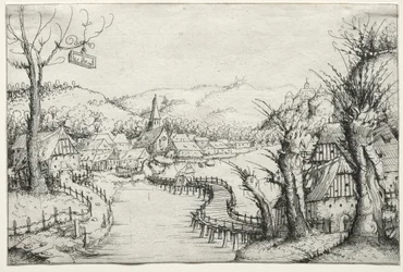 Paysage fluvial avec trois saules dénudés à droite et un long pont en bois sinueux, 1546