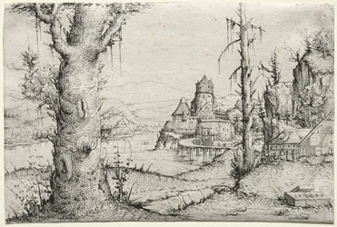 Paysage fluvial avec grand arbre à gauche