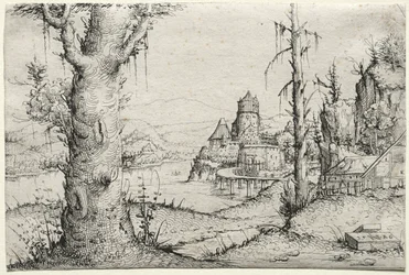 Paysage fluvial avec grand arbre à gauche, 1546