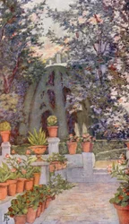 Dans le jardin du Generalife, Grenade (lithographie couleur)