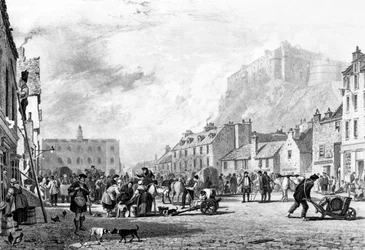 Le château depuis le Grass Market, Édimbourg, gravé par George Cooke et Henry Le Keux, 1820
