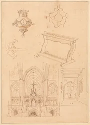 Dessins pour ornementation gothique, un prie-Dieu et deux croquis des intérieurs d