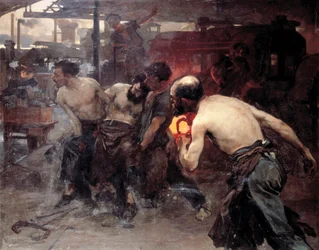 Accident de travail Un ouvrier dans une usine est blessé par une des machines et transporté par ses collègues (peinture)