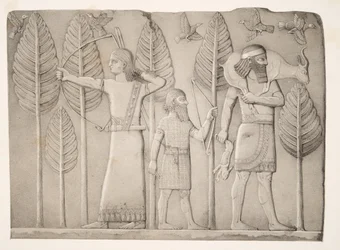 Chasseurs avec gazelle, lièvre et oiseaux (Khorsabad), des Monuments de Ninive, pub. 1849