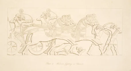 Guerriers combattant dans des chars, des Monuments de Ninive, pub. 1849