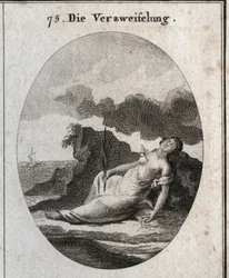 Allégorie du désespoir représentant un poignard dans la poitrine et une branche de cyprès dans la main (arbre qui ornait autrefois les tombes). La boussole brisée est l