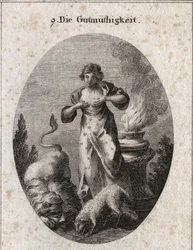 Allégorie de la bénignité nourrissant en même temps un agneau et un lion symbolisant l