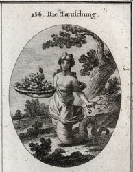 Allégorie de la tromperie. Parmi les fleurs du panier se trouve un serpent. Elle cache derrière elle plusieurs hameçons. Ses jambes se terminent par une queue de serpent pour montrer qu