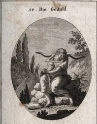 Allégorie de la patience assise sur des cailloux, pieds dans les épines, mains jointes et joug sur les épaules. Gravure dans « Iconologie oder Ideen aus dem Gebiete der Leidenschaften und Allegorien bildich dargestellt fur Zeichner, Mahler, Dichter, Gelehr