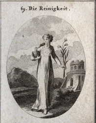 Allégorie de la pureté. Ses attributs sont la colombe et le lys, symboles de candeur. Gravure dans « Iconologie oder Ideen aus dem Gebiete der Leidenschaften und Allegorien bildich dargestellt fur Zeichner, Mahler, Dichter, Gelehrte, Erzieher und freunde H