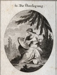 Allégorie de la réflexion. Un rayon de lumière part de son cœur, frappe le miroir sur ses genoux et reflète la lumière sur son front. Gravure dans « Iconologie oder Ideen aus dem Gebiete der Leidenschaften und Allegorien bildich dargestellt fur Zeichner, M
