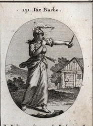 Allégorie de la vengeance avec une cuirasse et un casque sur lequel brille une flamme. Elle se mord le doigt et regarde un poignard. La flèche qui la transperce signifie que la vengeance n