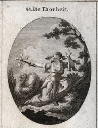 Allégorie de la stupidité personnifiée par une femme ridicule qui tient une bobine de carte qui tourne dans le vent et rit de ce dont elle rit. Gravure dans « Iconologie oder Ideen aus dem Gebiete der Leidenschaften und Allegorien »