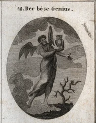 Allégorie du génie opposé représenté par un mauvais génie avec des ailes de chauve-souris et tenant une chouette, oiseau de mauvais augure. Gravure dans « Iconologie oder Ideen aus dem Gebiete der Leidenschaften und Allegorien bildich dargestellt für Zeich