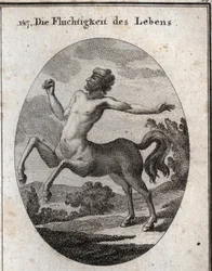 Allégorie de la vélocité de la vie humaine représentée par un centaure. Gravure dans « Iconologie oder Ideen aus dem Gebiete der Leidenschaften und Allegorien bildich dargestellt fur Zeichner, Mahler, Dichter, Gelehrte, Erzieher und freunde Hoherer Geschma