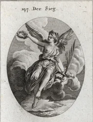 Allégorie de la victoire. Elle a des ailes et tient une palme et une couronne de laurier. Gravure dans « Iconologie oder Ideen aus dem Gebiete der Leidenschaften und Allegorien bildich dargestellt für Zeichner, Mahler, Dichter, Gelehrte, Erzieher und Freun