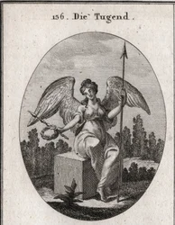 Allégorie de la vertu. Le cube de marbre sur lequel elle est assise désire la solidité, et ses ailes déployées signifient qu