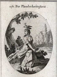 Allégorie de Babel. Son drapé est rempli de cigales et de langues. Son attribut est le corbeau. Gravure dans « Iconologie oder Ideen aus dem Gebiete der Leidenschaften und Allegorien bildich dargestellt fur Zeichner, Mahler, Dichter, Gelehrte, Erzieher und