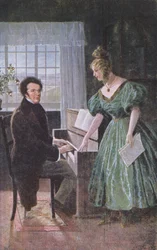 Franz Peter Schubert jouant du piano, carte postale c.1910